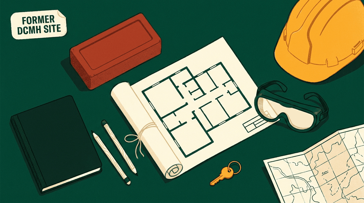 Flat illustration of a memorial brick, school blueprint, hard hat and goggles on a green table, labelled Former DCMH Site