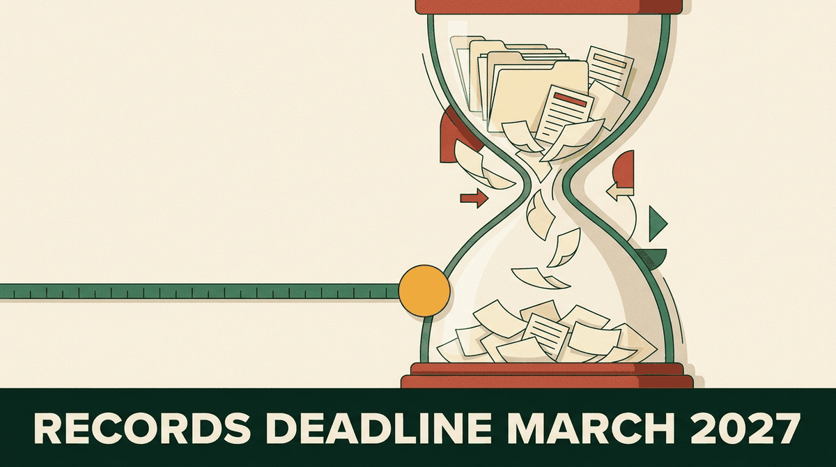 Illustrated hourglass with medical record folders falling through it beside a timeline, with the words Records Deadline March 2027