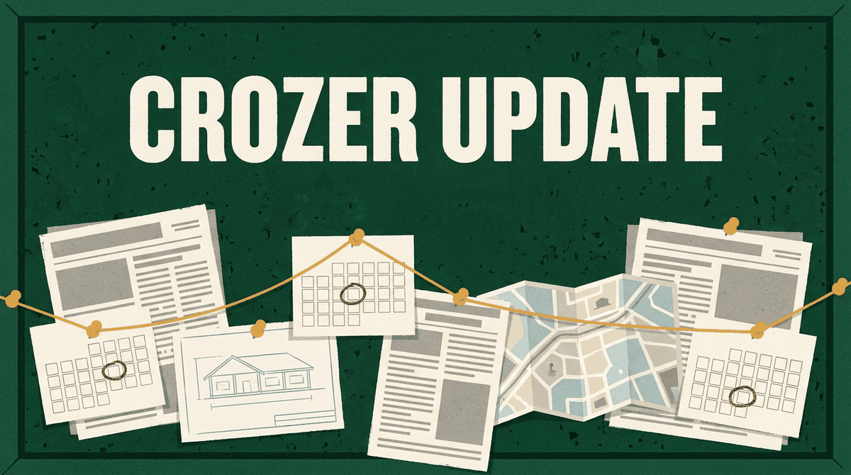 Illustrated pinboard of news clippings, calendar cards with circled dates, a building sketch and a map linked by a timeline string, under the title Crozer Update
