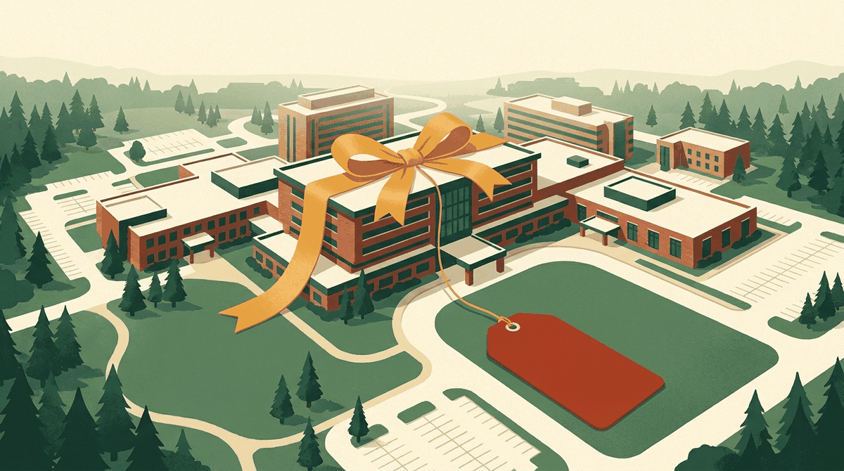 Illustration of a hospital campus seen from above, tied with a marigold ribbon and a blank red price tag