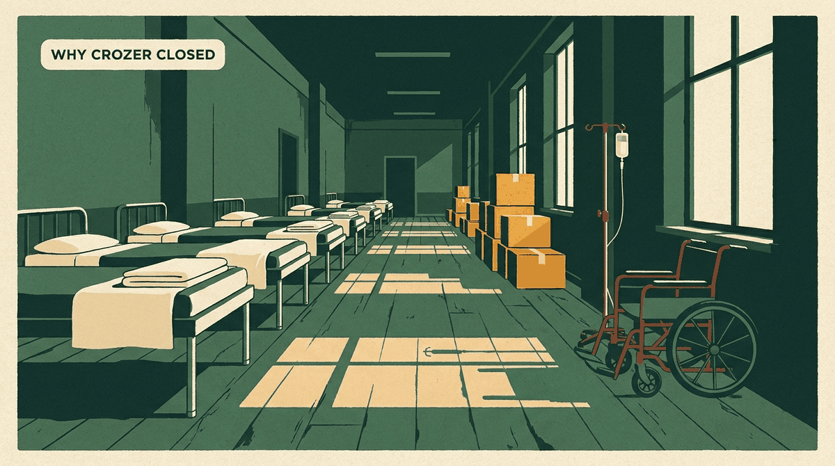 Illustration of an emptied hospital ward in daylight with stripped beds, moving boxes and a wheelchair by the window