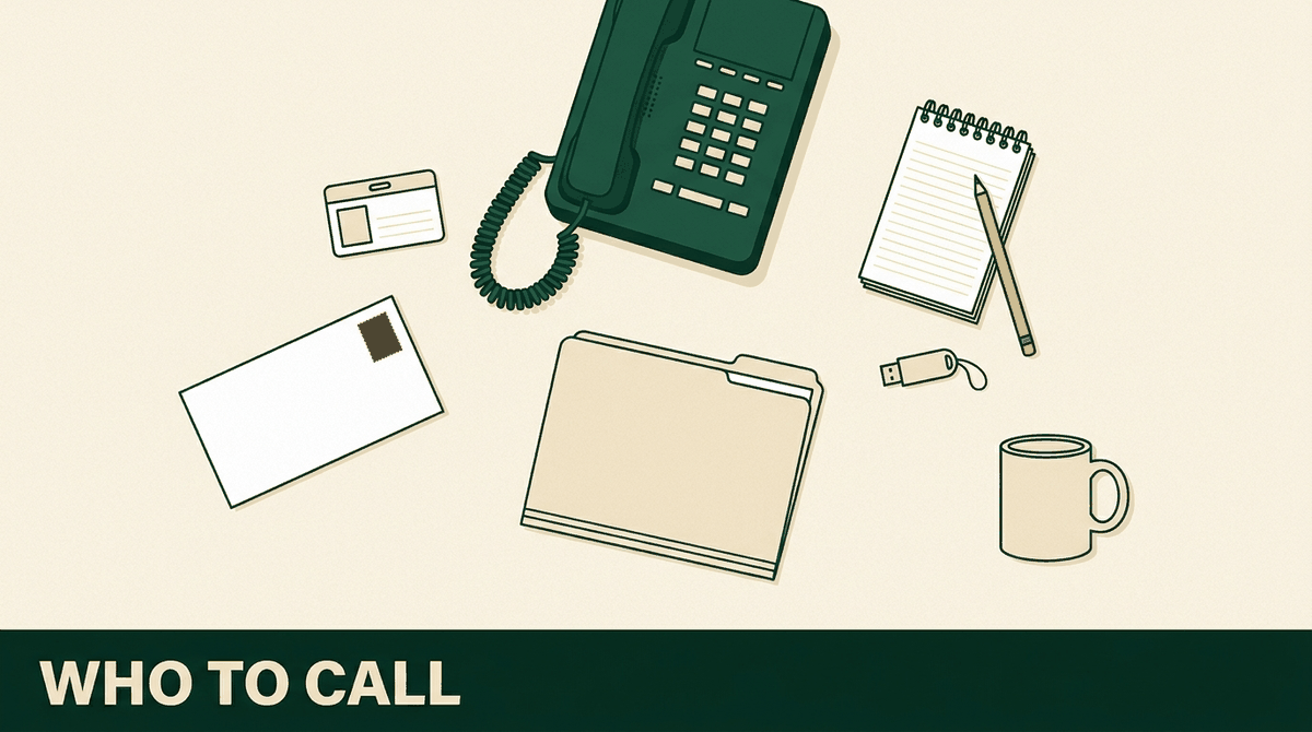 Illustration of a desk telephone, notepad, file folder, USB drive and envelope with the words Who to Call, for a guide to Crozer medical records contacts