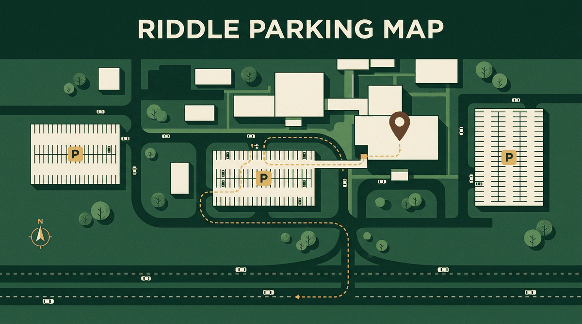 Illustrated top-down map of a hospital campus with three parking garages and a dotted route to a pin, titled Riddle Parking Map