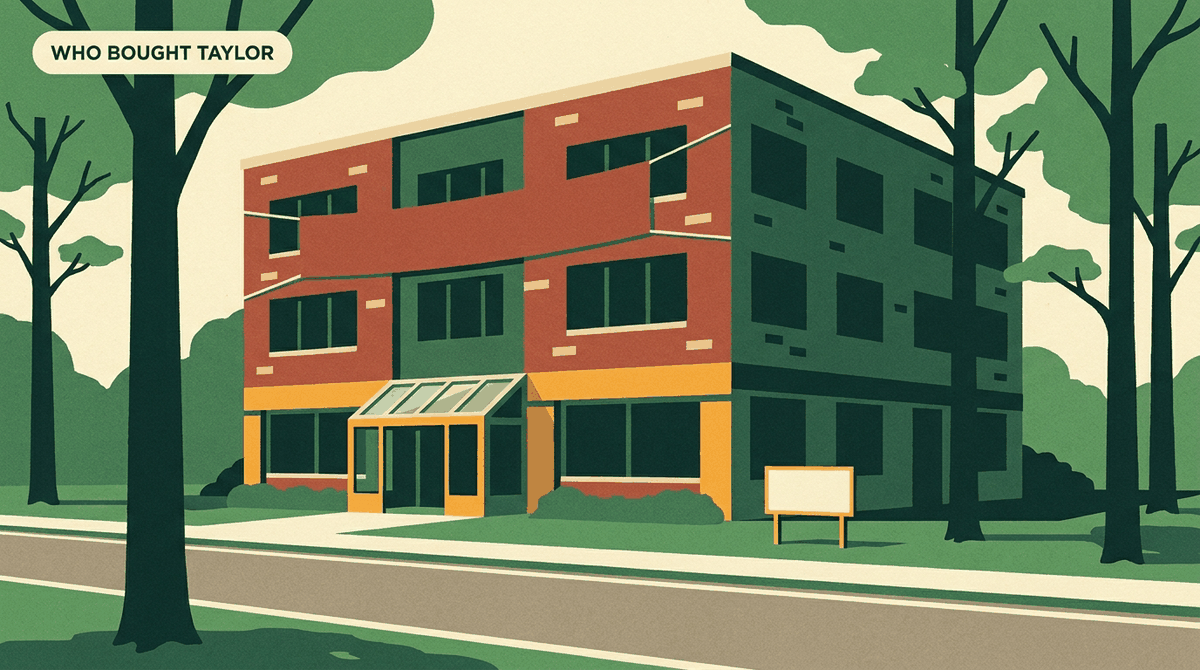 Flat illustration of a closed brick hospital building on a tree-lined street in daytime, with a blank sign on the lawn