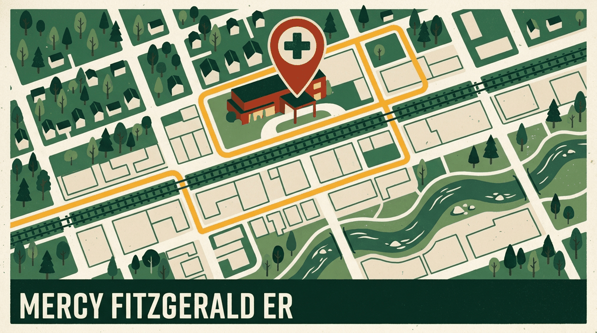Illustrated map of Darby streets with a marigold route leading to the Mercy Fitzgerald Hospital emergency room