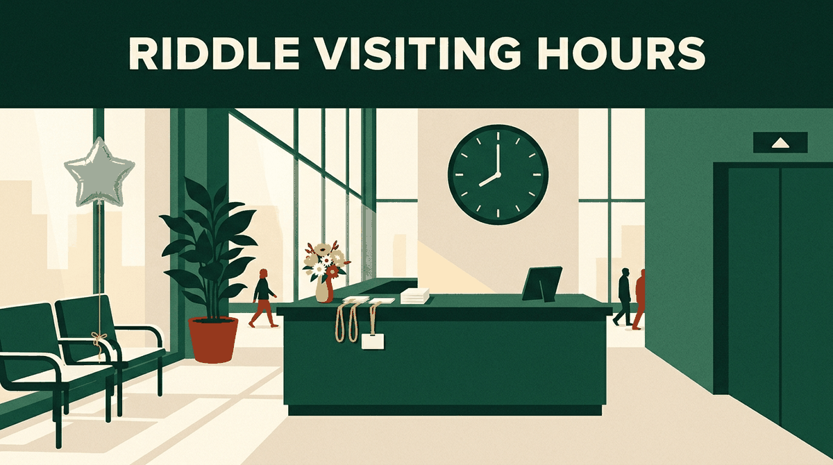Flat illustration of a sunny hospital lobby with a greeter desk, visitor badges on lanyards, a wall clock at 8 o'clock and the title Riddle Visiting Hours