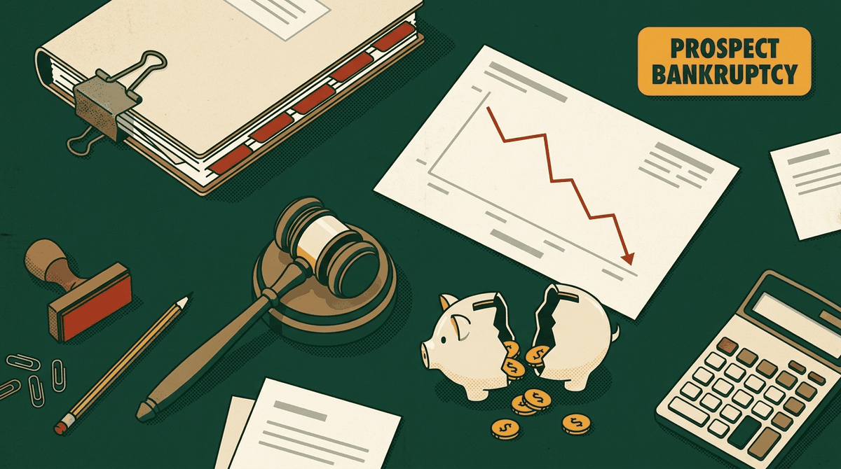 Illustration of a desk with a court binder, gavel, falling chart and a cracked piggy bank, labelled Prospect bankruptcy