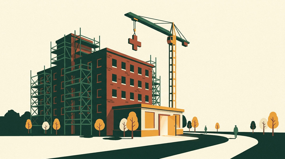 Illustration of an empty brick hospital wrapped in scaffolding while a crane lowers a red cross, with a small clinic with an open door in front