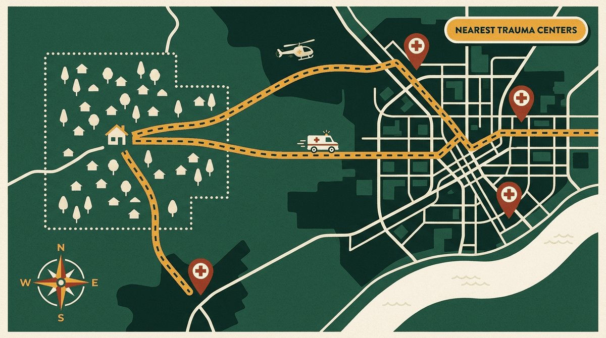 Illustrated map with marigold routes leading from a Delaware County neighborhood to trauma center pins in Philadelphia and beyond