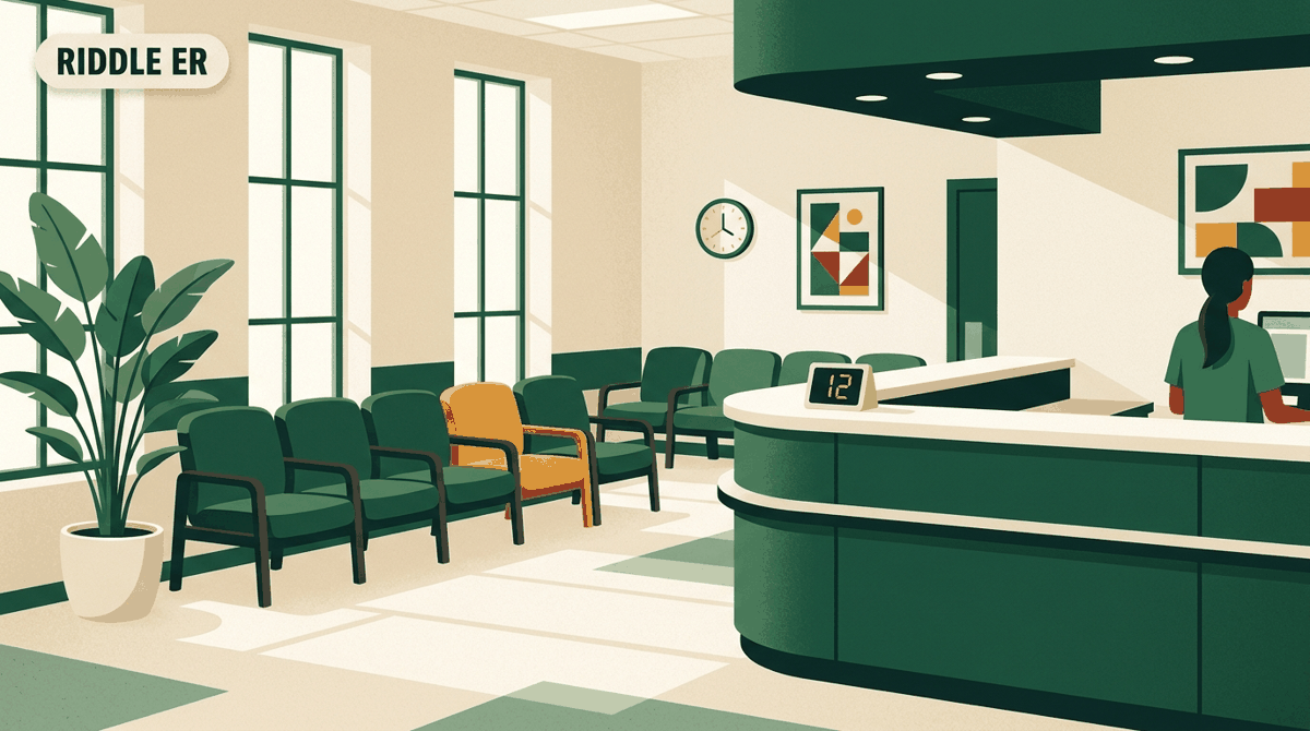 Illustration of a calm emergency department waiting room and check-in desk, representing the Riddle Hospital ER in Media, PA
