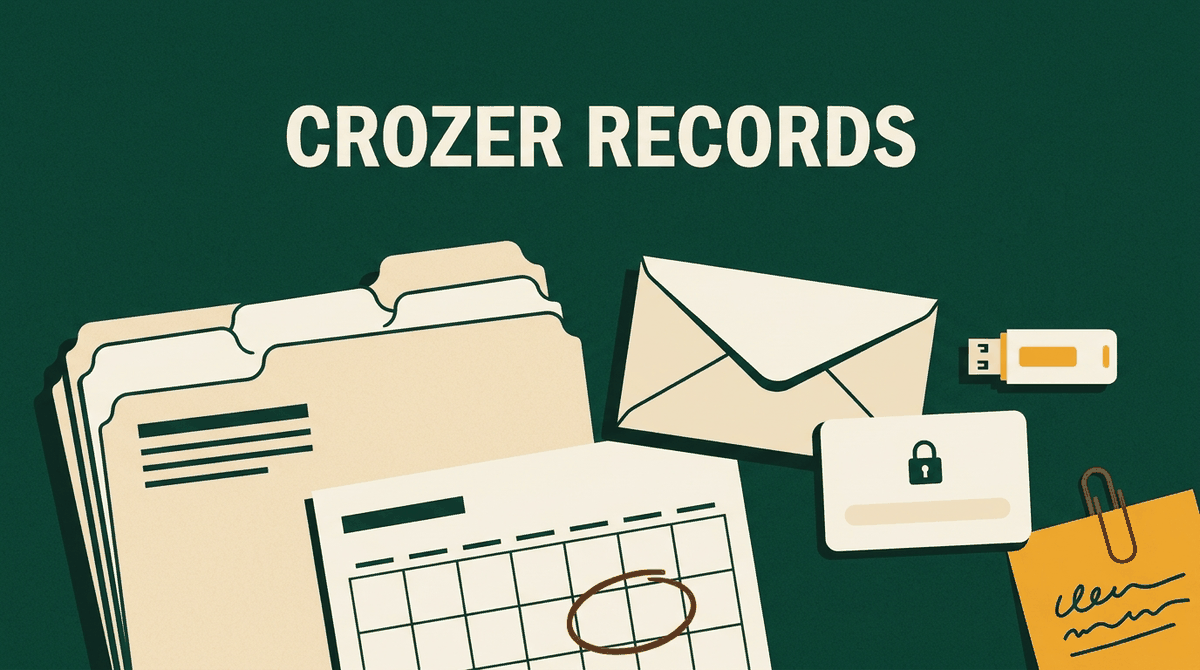 Crozer patient portal and records illustration: record folders, an envelope, a USB drive, a locked login card and a calendar with a date circled