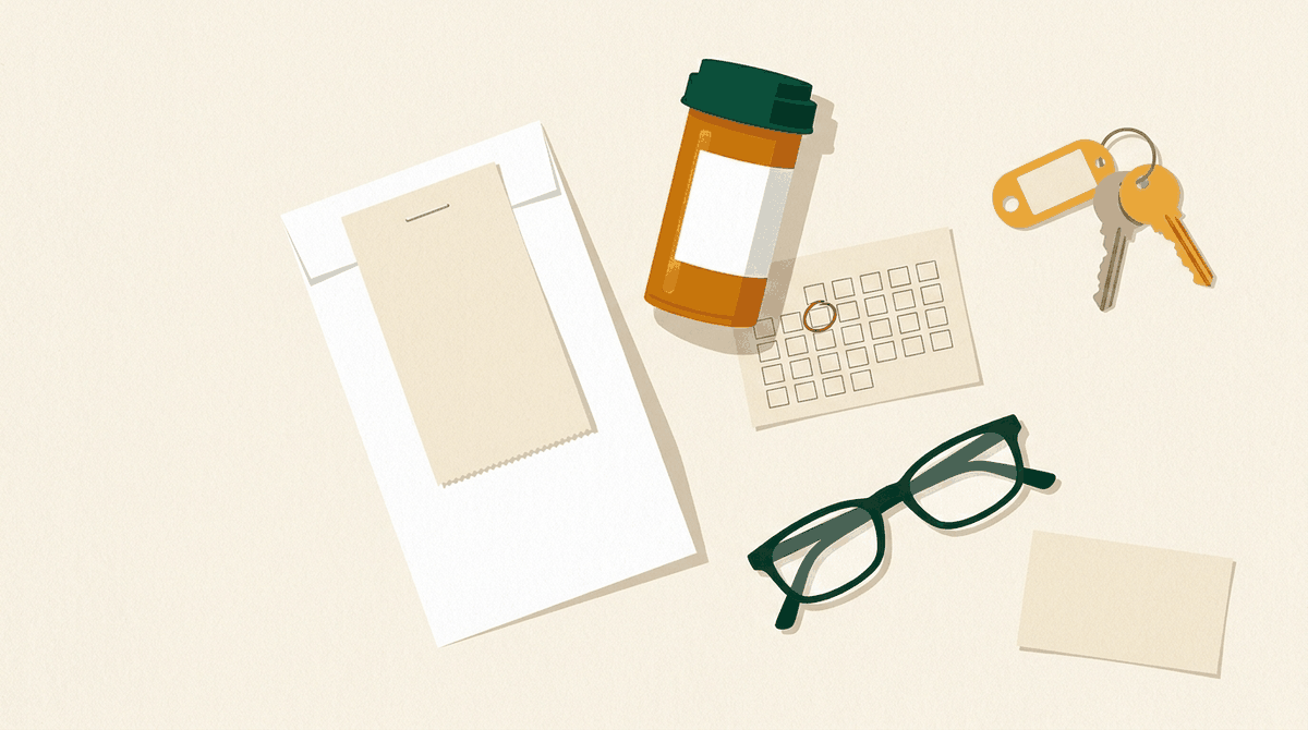 Mercy Fitzgerald pharmacy illustration: prescription bag, pill bottle, calendar with a circled date, keys and reading glasses on a table