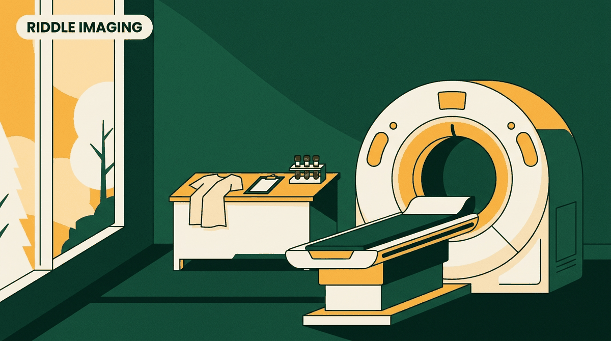 Flat illustration of a daylight hospital imaging room with an MRI scanner, patient table and blood tube rack, labeled Riddle Imaging