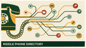 Illustration of a retro telephone whose cord branches into lines leading to hospital department icons, with the caption Riddle Phone Directory