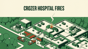Flat illustration of a hospital campus seen from above in daylight, with a small fire on a rooftop duct and two fire engines by the ambulance bay