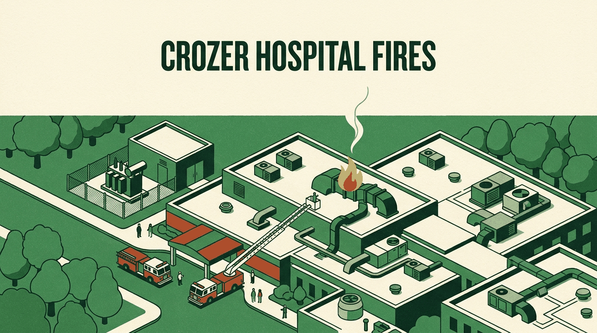 Flat illustration of a hospital campus seen from above in daylight, with a small fire on a rooftop duct and two fire engines by the ambulance bay