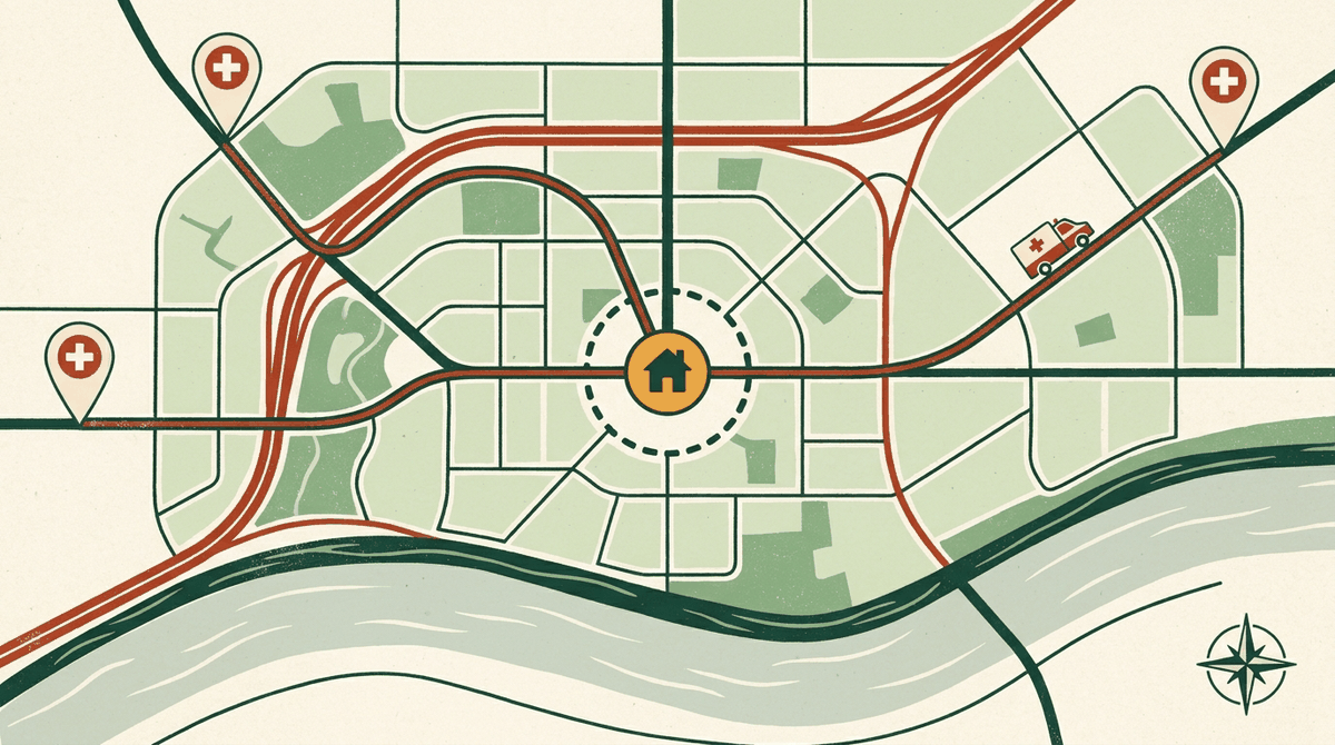 Illustrated map of a riverside city with routes from a home marker to three hospital pins and an ambulance on the way
